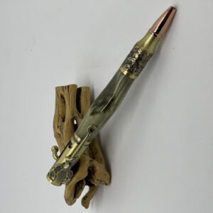 Deer Hunter Bolt Action Style Pen in Antique Brass Finish with natural shed Elk